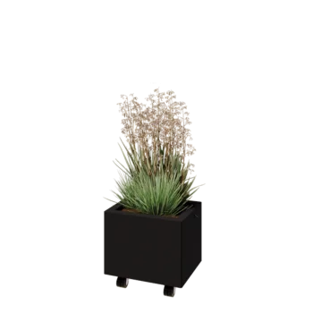 Tērauda puķu kaste - Taisnstūris - 40 x 30 x 30 cm - RAL9005 matēts (melns) - Ar pamatplati - Ar riteņiem