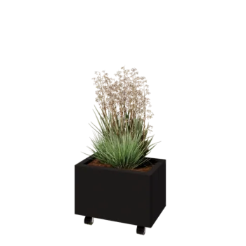 Tērauda puķu kaste - Taisnstūris - 50 x 30 x 30 cm - RAL9005 matēts (melns) - Ar pamatplati - Ar riteņiem