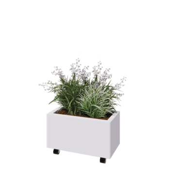 Tērauda puķu kaste - Taisnstūris - 60 x 30 x 30 cm - RAL9010 matēts (balts) - Ar pamatplati - Ar riteņiem