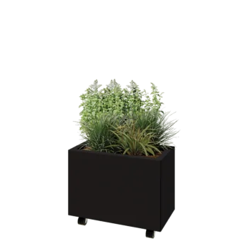 Tērauda puķu kaste - Taisnstūris - 60 x 30 x 40 cm - RAL9005 matēts (melns) - Ar pamatplati - Ar riteņiem