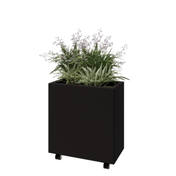 Tērauda puķu kaste - Taisnstūris - 60 x 30 x 60 cm - RAL9005 matēts (melns) - Ar pamatplati - Ar riteņiem
