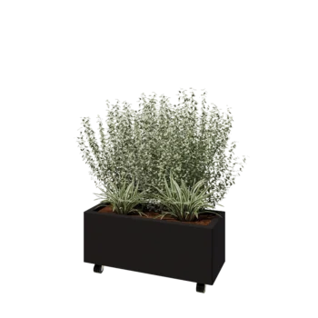 Tērauda puķu kaste - Taisnstūris - 80 x 30 x 30 cm - RAL9005 matēts (melns) - Ar pamatplati - Ar riteņiem