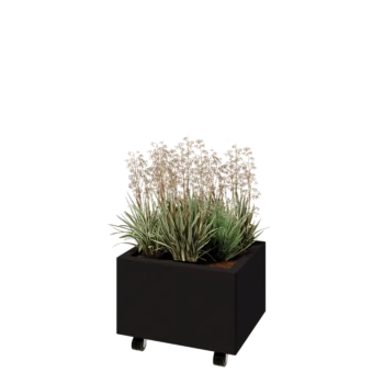 Tērauda puķu kaste - Taisnstūris - 50 x 40 x 30 cm - RAL9005 matēts (melns) - Ar pamatplati - Ar riteņiem