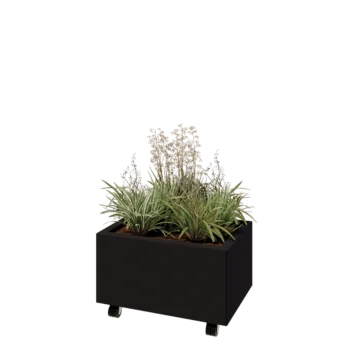 Tērauda puķu kaste - Taisnstūris - 60 x 40 x 30 cm - RAL9005 matēts (melns) - Ar pamatplati - Ar riteņiem