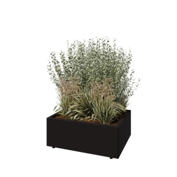 Tērauda puķu kaste - Taisnstūris - 80 x 60 x 30 cm - RAL9005 matēts (melns) - Ar pamatplati - Ar kājām