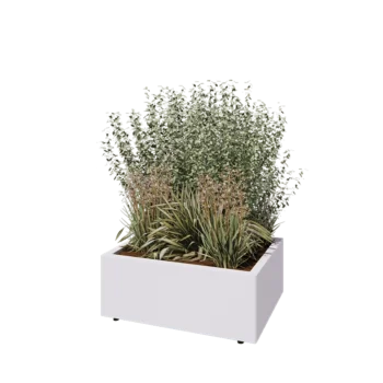 Tērauda puķu kaste - Taisnstūris - 80 x 60 x 30 cm - RAL9010 matēts (balts) - Ar pamatplati - Ar kājām