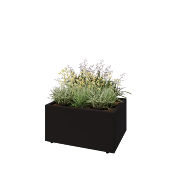 Tērauda puķu kaste - Taisnstūris - 80 x 60 x 40 cm - RAL9005 matēts (melns) - Ar pamatplati - Ar kājām