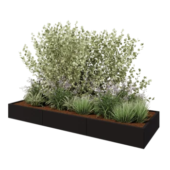 Tērauda puķu kaste XXL - Taisnstūris - 300 x 100 x 30 cm - RAL9005 matēts (melns) - Bez pamatplates