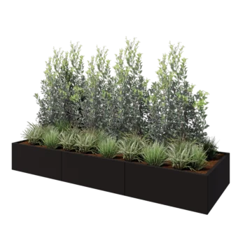 Tērauda puķu kaste XXL - Taisnstūris - 300 x 100 x 40 cm - RAL9005 matēts (melns) - Ar pamatplati