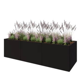 Tērauda puķu kaste XXL - Taisnstūris - 300 x 100 x 80 cm - RAL9005 matēts (melns) - Ar pamatplati