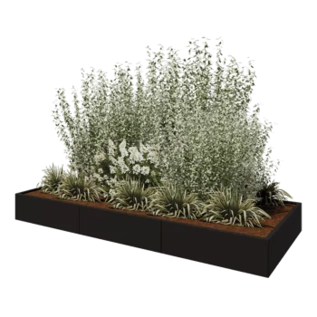 Tērauda puķu kaste XXL - Taisnstūris - 300 x 120 x 30 cm - RAL9005 matēts (melns) - Ar pamatplati