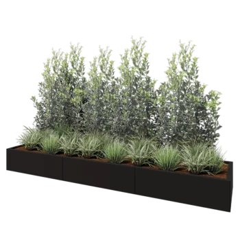 Tērauda puķu kaste XXL - Taisnstūris - 300 x 60 x 30 cm - RAL9005 matēts (melns) - Ar pamatplati