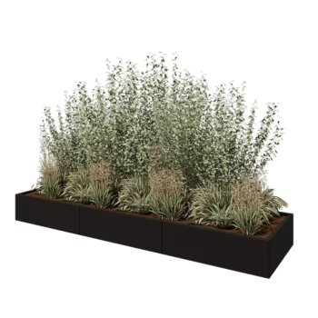 Tērauda puķu kaste XXL - Taisnstūris - 300 x 80 x 30 cm - RAL9005 matēts (melns) - Ar pamatplati