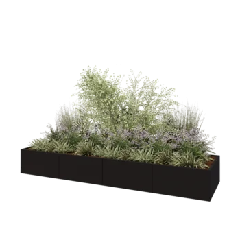 Tērauda puķu kaste XXL - Taisnstūris - 400 x 100 x 50 cm - RAL9005 matēts (melns) - Ar pamatplati